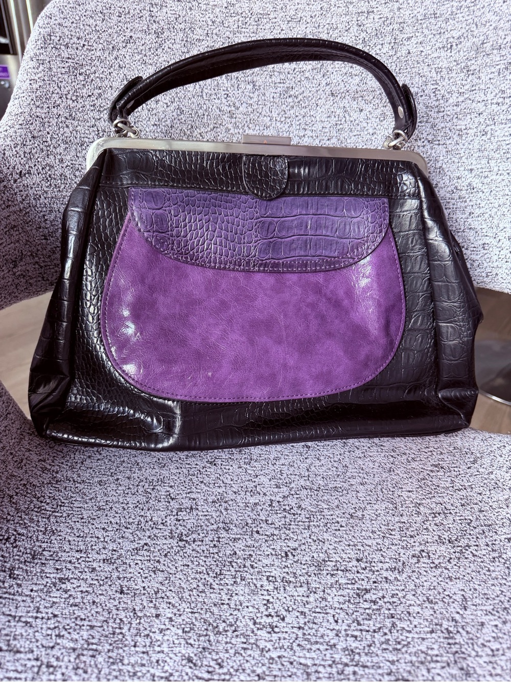 Apt. 9 Structured Black Top-Handle Satchel with Purple Front Panel